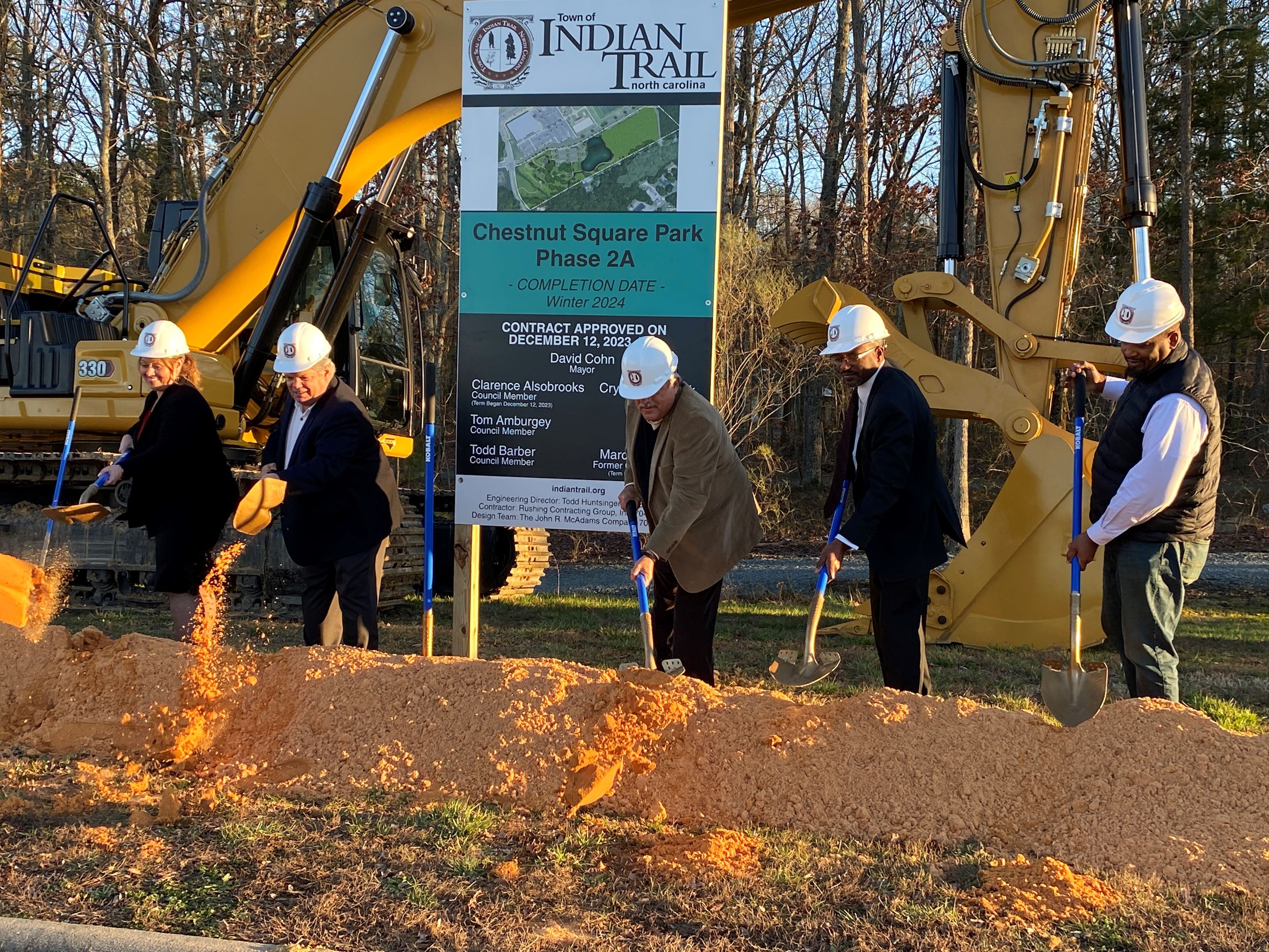Town Council members break ground on the latest park project in Indian Trail. 