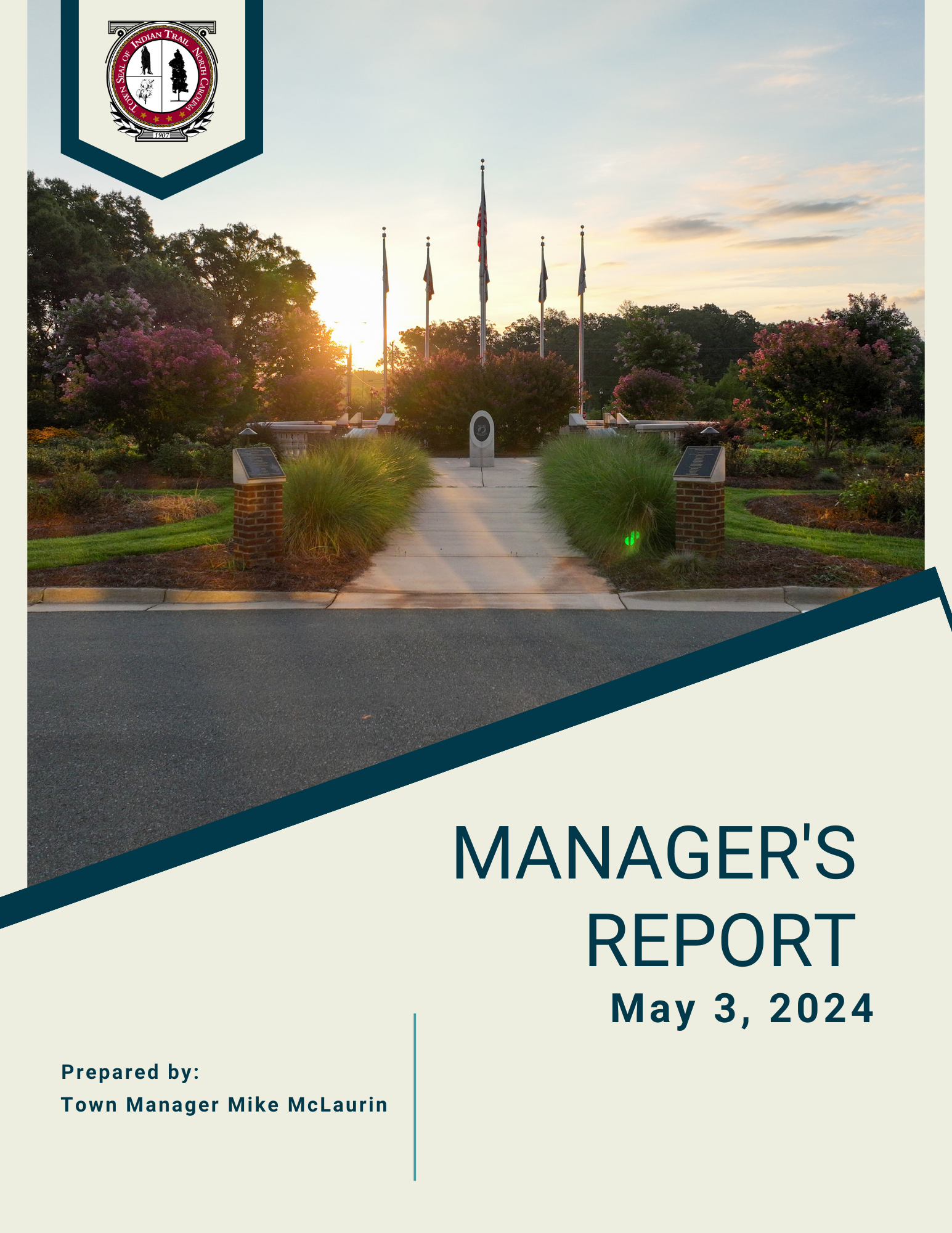 May 3 Manager's Report cover featuring the Veterans Memorial at sunrise. 