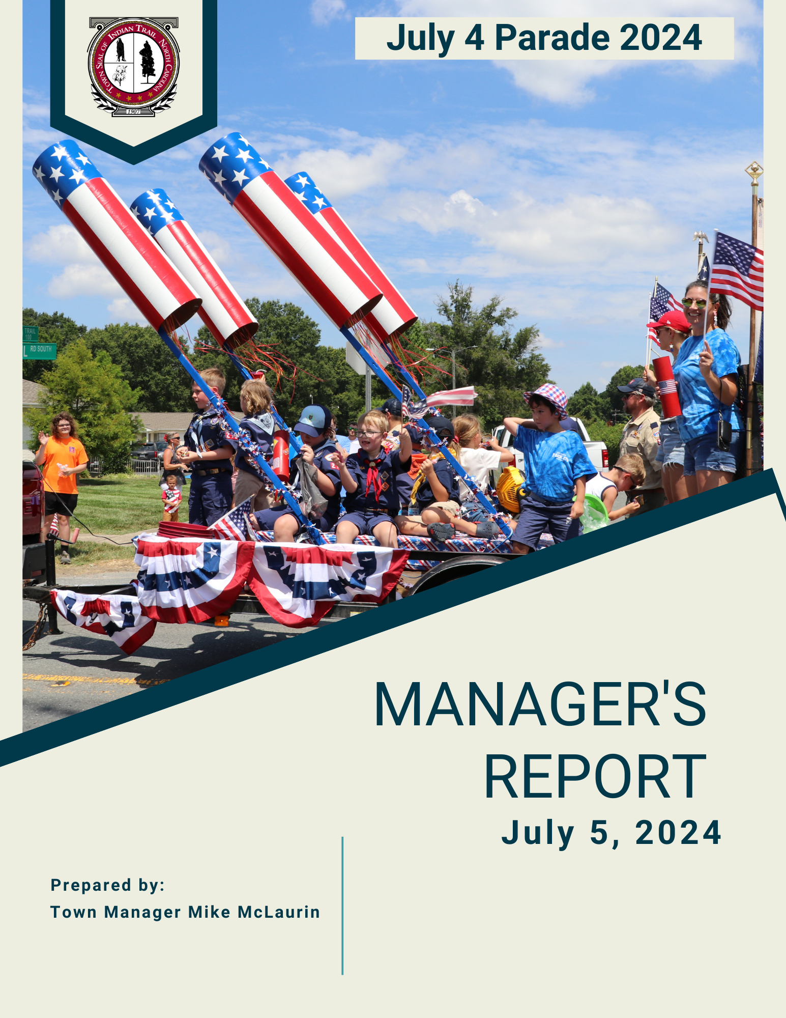 July 5 Manager's Report Cover featuring a patriotic parade float. 
