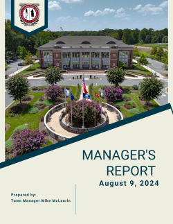 Aug. 9 Manager's Report Cover featuring an aerial view of the Town Hall