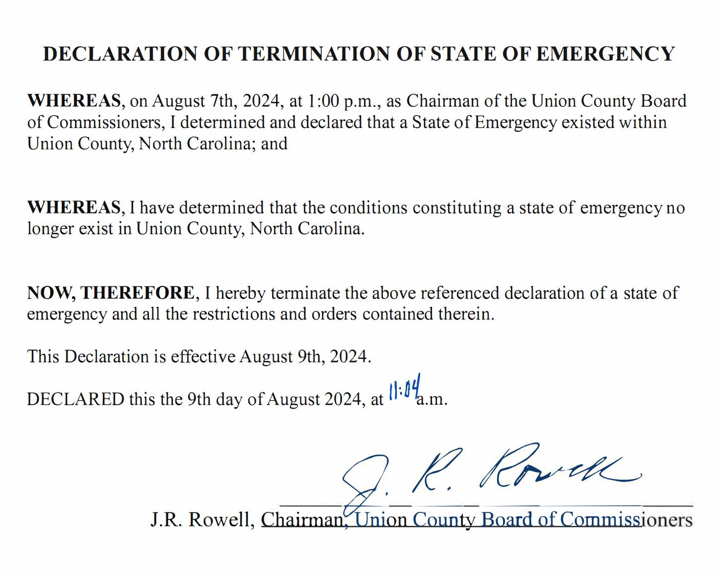 Aug. 8 State of Emergency Terminated