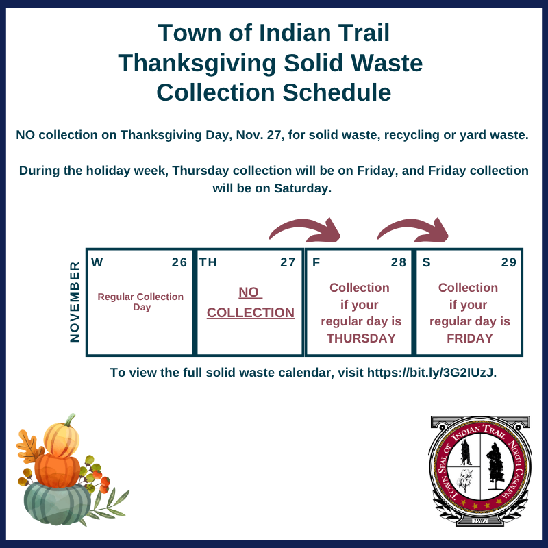 Town of Indian Trail Thanksgiving Solid Waste Collection Schedule